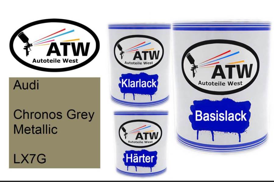 Audi, Chronos Grey Metallic, LX7G: 1L Lackdose + 1L Klarlack + 500ml Härter - Set, von ATW Autoteile West.
